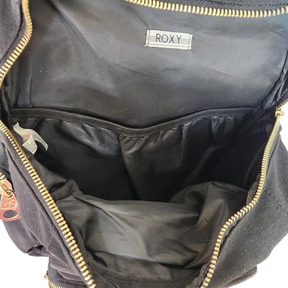 Roxy Black Canvas Backpack Gold Zippers Travel School Bookbag Faux Leather Patch